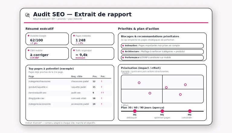 Extrait de rapport d’audit SEO WordPress : synthèse, KPI et plan d’actions